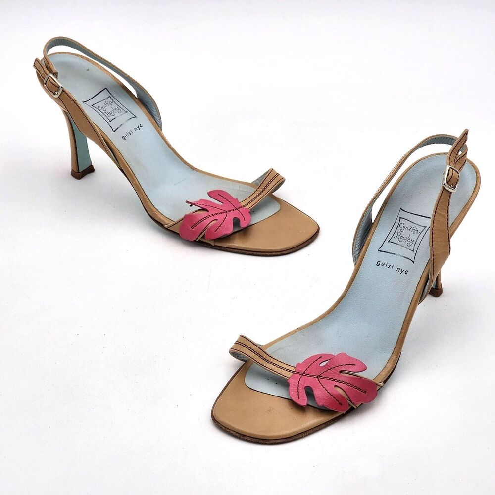 Cynthia Rowley Y2K 2000s Leaf Leather Nude Sandal Heels Pink Tan Size 8.5 RARE